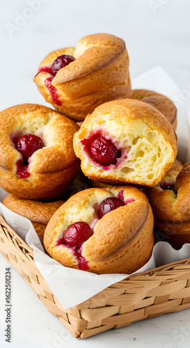 Wallpaper Mural Delicious cherry muffins in a basket: A mouthwatering close-up of freshly baked cherry muffins nestled in a rustic basket, showcasing their golden-brown exteriors and juicy, ruby-red cherry fillings. Torontodigital.ca