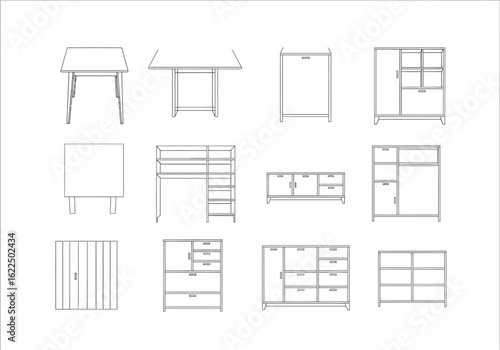 Architectural drawings and technical schematics of modern wardrobe and cabinet designs with detailed measurements and plans