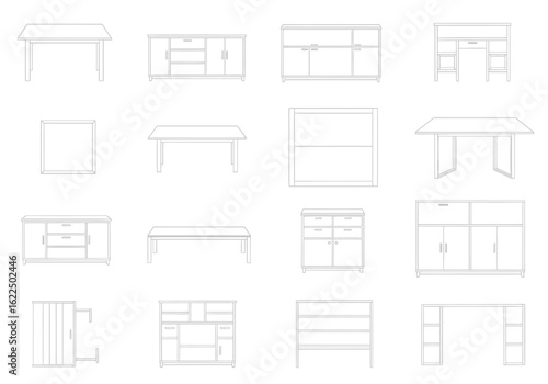 Collection of architectural drawings showcasing various furniture designs and layouts in a grid format