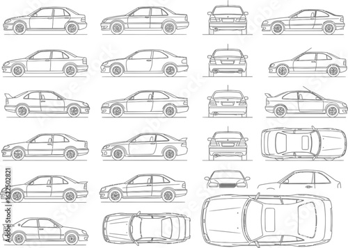 Collection of detailed automotive sketches showcasing various car models from different angles in a black and white artistic style