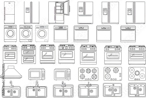 Collection of detailed architectural line drawings showcasing various kitchen appliances and cabinetry for home design and renovation projects