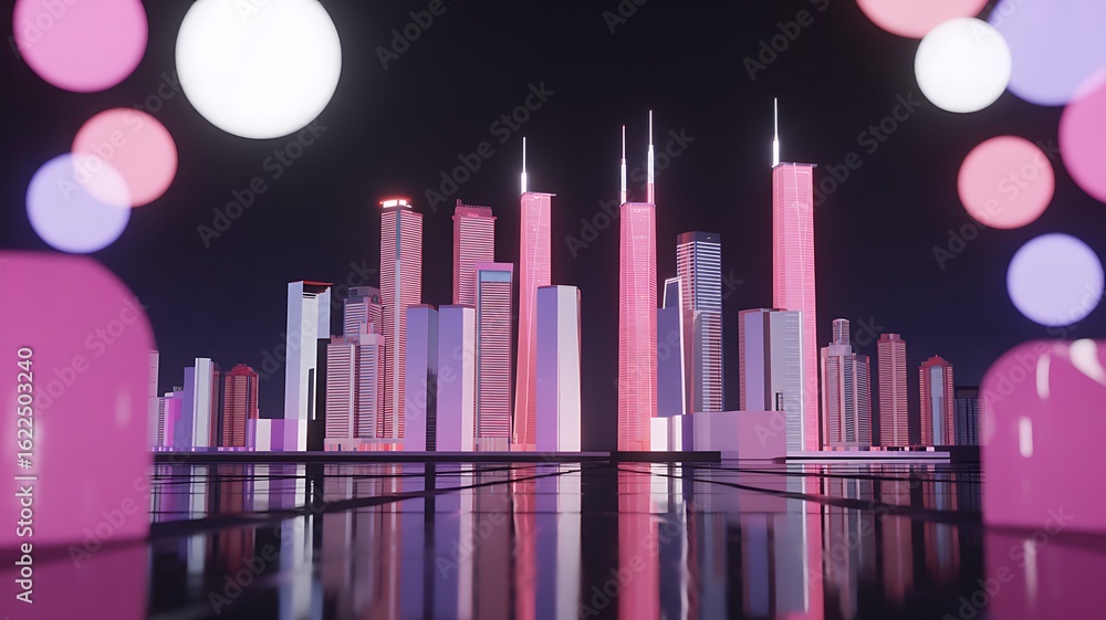 Fototapeta premium Abstract vector background featuring a vibrant city skyline and urban architecture illuminated by pink and blue lights at night