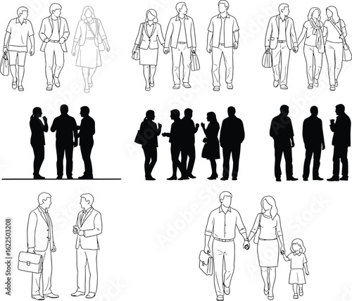 Collection of stylized black and white silhouette figures of people in various poses and group arrangements for architectural or design use