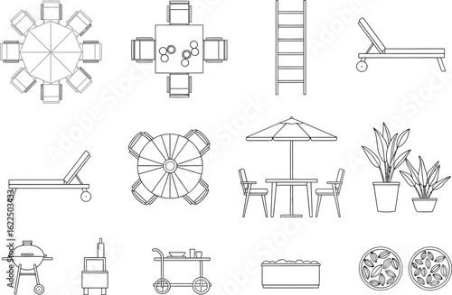 Collection of architectural drafting symbols for outdoor furniture and landscaping elements in a top down view black and white line art illustration