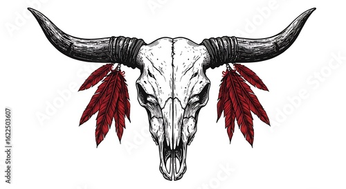 Intricate Longhorn Skull Ink Drawing: Crimson Feathers