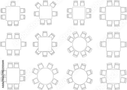 Collection of twelve different dining table and chair arrangements in a top down view schematic illustration