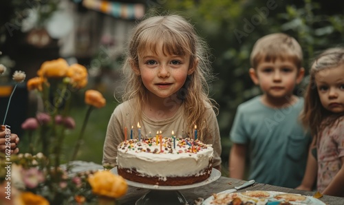 Children with cake standing around a table during a birthday party in the garden in summer, capturing the excitement and fun of a special family occasion, Generative AI