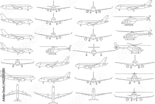 Collection of vintage aircraft silhouettes and designs featuring biplanes helicopters and early aviation concepts
