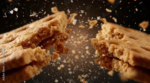 Crunchy biscuit close-up breaking apart on impact, seamless food motion