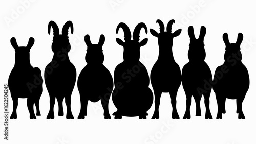 Silhouette of seven cartoon goats with different horn shapes standing in a horizontal row isolated