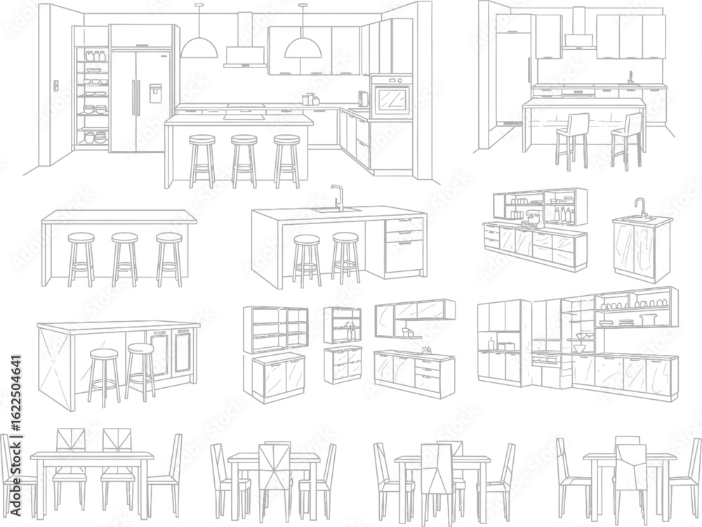 Obraz premium Collection of architectural sketches showcasing various kitchen and dining area designs with detailed furniture and cabinetry layouts