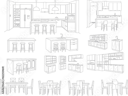Collection of architectural sketches showcasing various kitchen and dining area designs with detailed furniture and cabinetry layouts