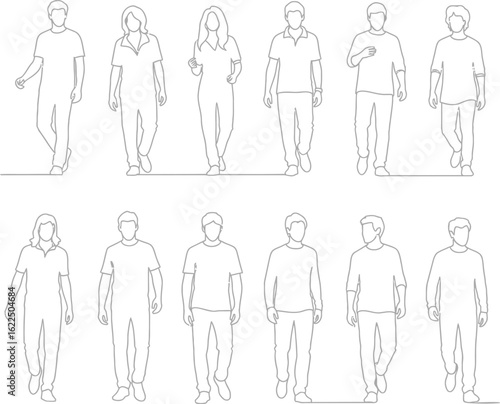 Collection of diverse male and female figures depicted in a clean line art style showcasing various poses and clothing styles