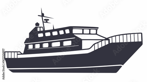 Illustration of a large boat with multiple decks and windows in a simple black and white style