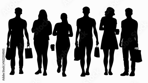 Silhouette of six people walking with shopping bags and a coffee cup on a white background image