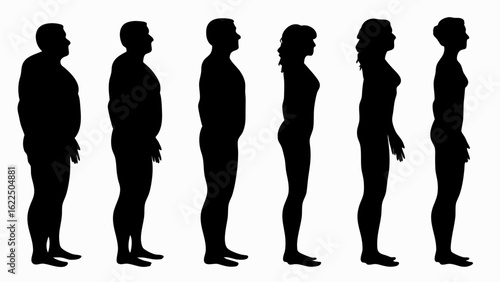 Silhouette progression of body shapes showing weight loss and fitness transformation in black and white style