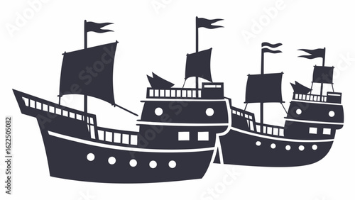 Silhouette illustration of three vintage sailing ships with sails and flags on a white background