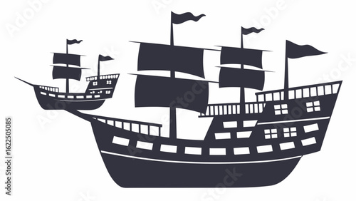 Silhouette depiction of three sailing ships with masts and sails on a white background image art