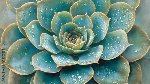 Closeup Dew Drops on Succulent Plant Teal Green Leaves