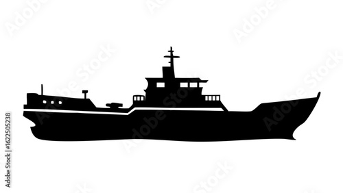 Silhouette of a large ship with multiple decks and a tall mast on a clear white background view from side