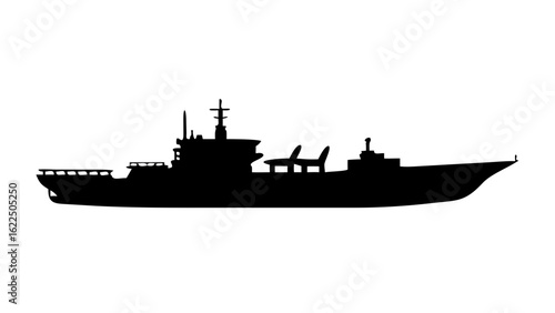 Silhouette of a naval ship featuring a prominent deck and visible details on a white background