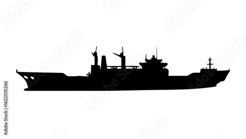 Silhouette of a large cargo ship with multiple masts and structures on deck in black against white background