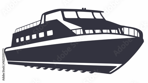 Silhouette of a large passenger ferry boat with multiple windows and a deck railing on the top level
