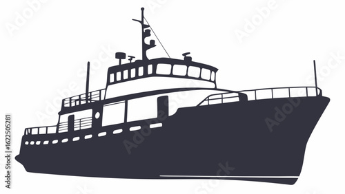 Silhouette of a large motor yacht with multiple decks and antennas against a white background