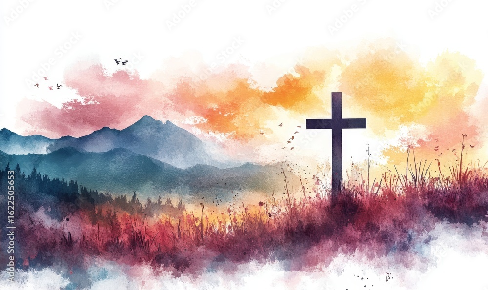 Obraz premium Easter scene with a cross, a watercolor vector illustration depicting the spiritual significance of the holiday, Generative AI