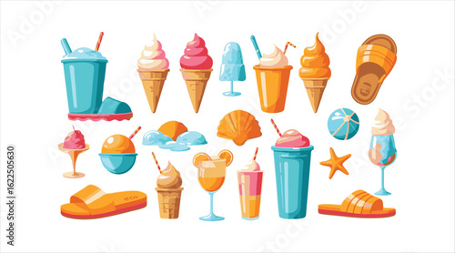 summer vibes icon set shell SPF sunny ice cream drink flip-flops ball bucket sand drip Vector art

