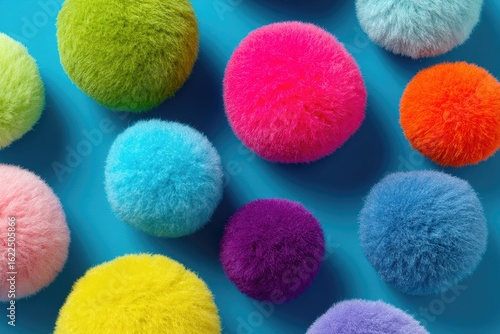 Colorful pom-poms scattered on a bright blue surface