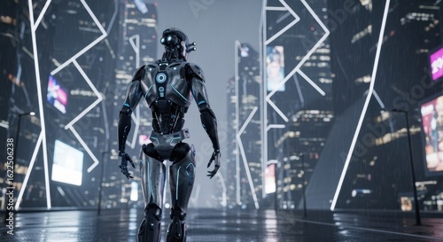 Metallic humanoid robot advancing away from camera in dark urban environment with futuristic architecture.