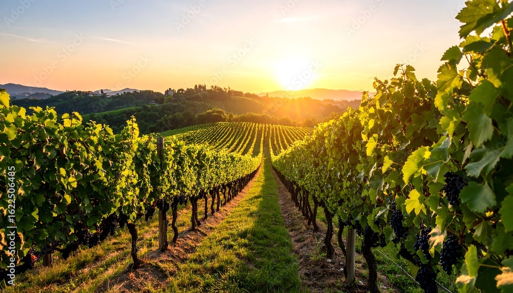 Fototapeta premium Picturesque Vineyard Landscape at Sunset Showcasing Rows of Grape Vines