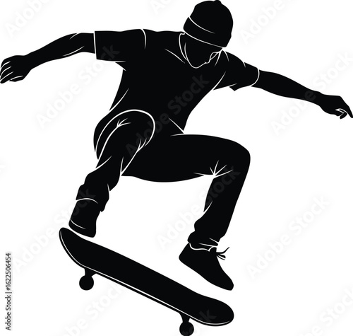Vector art of silhouette of a skateboarder performing a jump trick, a simple black and graphic design for extreme sports