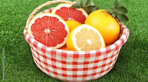 Juicy Citrus Fruits in Gingham Basket on Grass