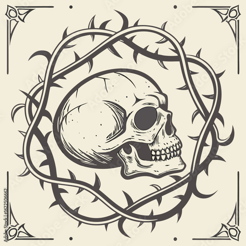 Skull inside barbed wire circle tattoo style