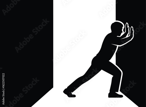 Vector art of silhouette of a man pushing against a door, symbolizing effort, struggle, and force to overcome a challenge or obstacle with strength and determination