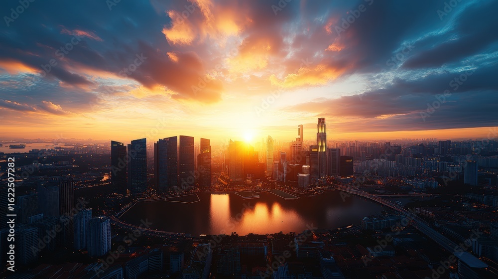 Fototapeta premium Stunning cityscape at sunset featu tall skyscrapers modern buildings and vibrant sky reflections