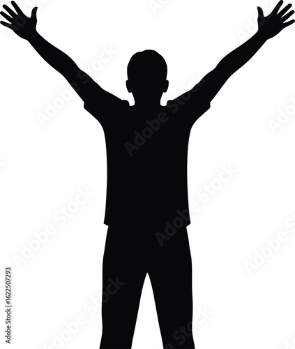 Vector art of silhouette of a man with arms raised in celebration, symbolizing success, achievement, and freedom with a positive and energetic gesture