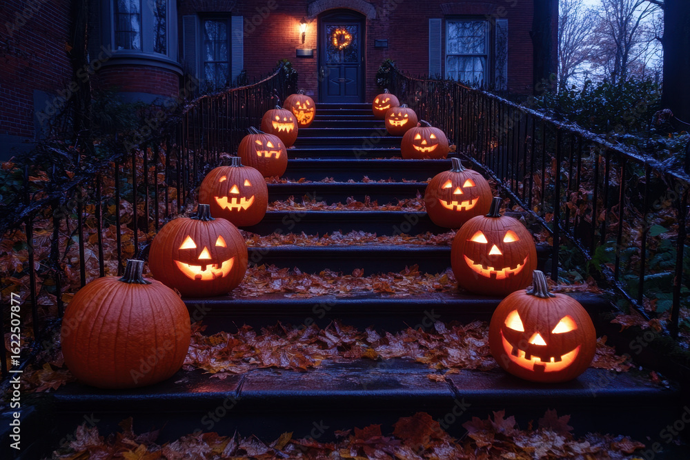 Obraz premium Halloween pumpkins on house steps.