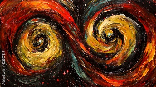 Abstract Cosmic Swirls Painting, Double Galaxy Nebula in Vibrant Colors