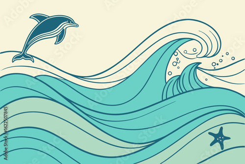 A drawing of a dolphin jumping over waves with a starfish in the corner of the ocean background art
