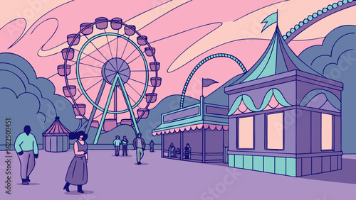 Illustration of a fairground with a ferris wheel and various stalls under a pink and purple sky