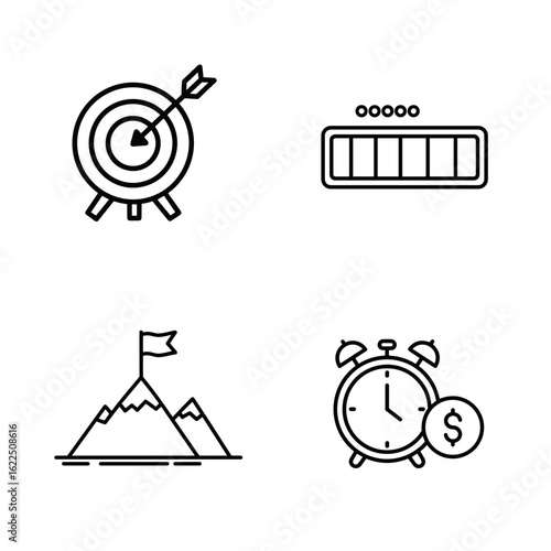 Outline icon set of Time management. Goals and results: Target with arrow, Progress bar, Mountain peak achievement, Clock with dollar sign