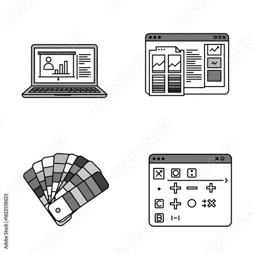 Outline icon set of Presentations. Tools for creating: Laptop with presentation software, Template gallery, Color palette, Text formatting toolbar