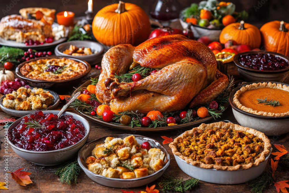 Obraz premium Roasted turkey with cranberry sauce and stuffing, surrounded by assorted side dishes and pumpkin pie for a festive Thanksgiving dinner.