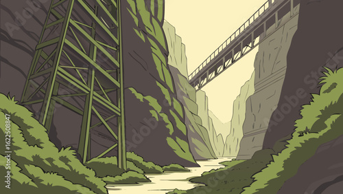 Illustration of a river canyon with a bridge and a tall metal support structure nearby in daylight