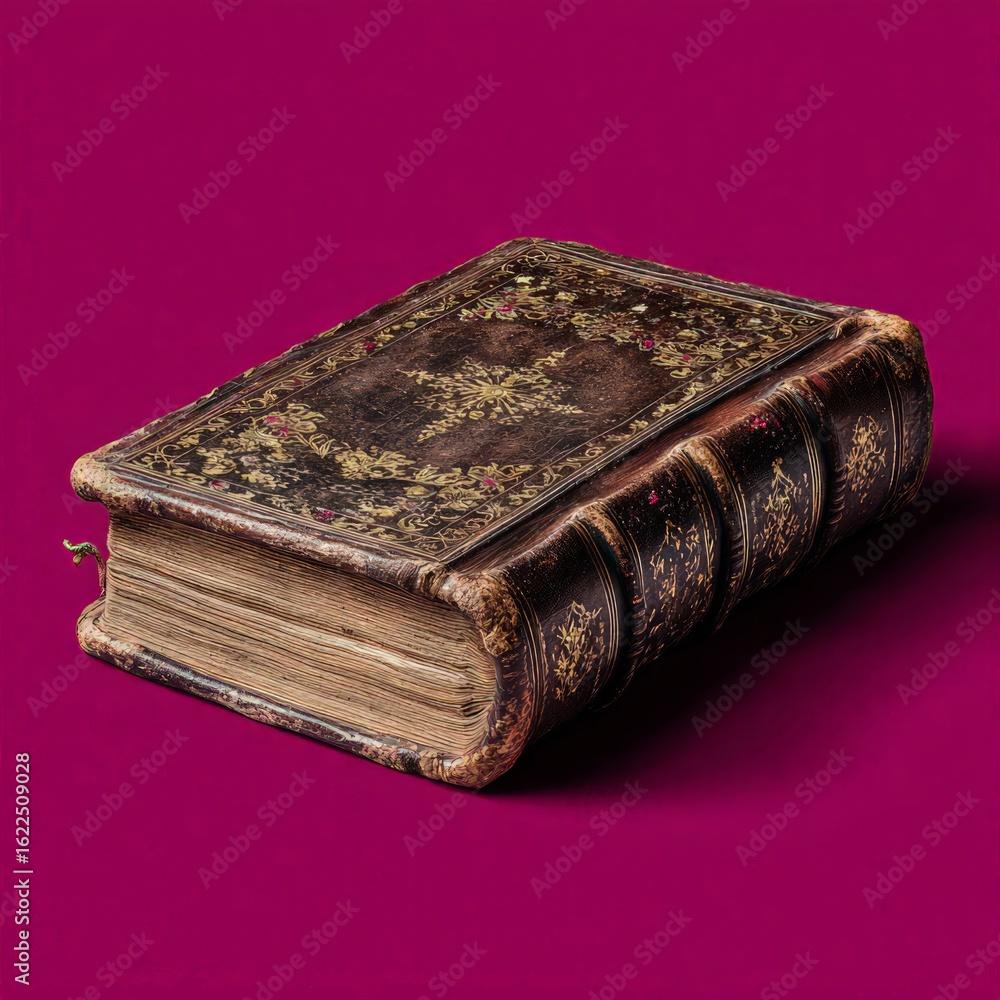 Obraz premium Antique Leather Bound Book On Maroon Background