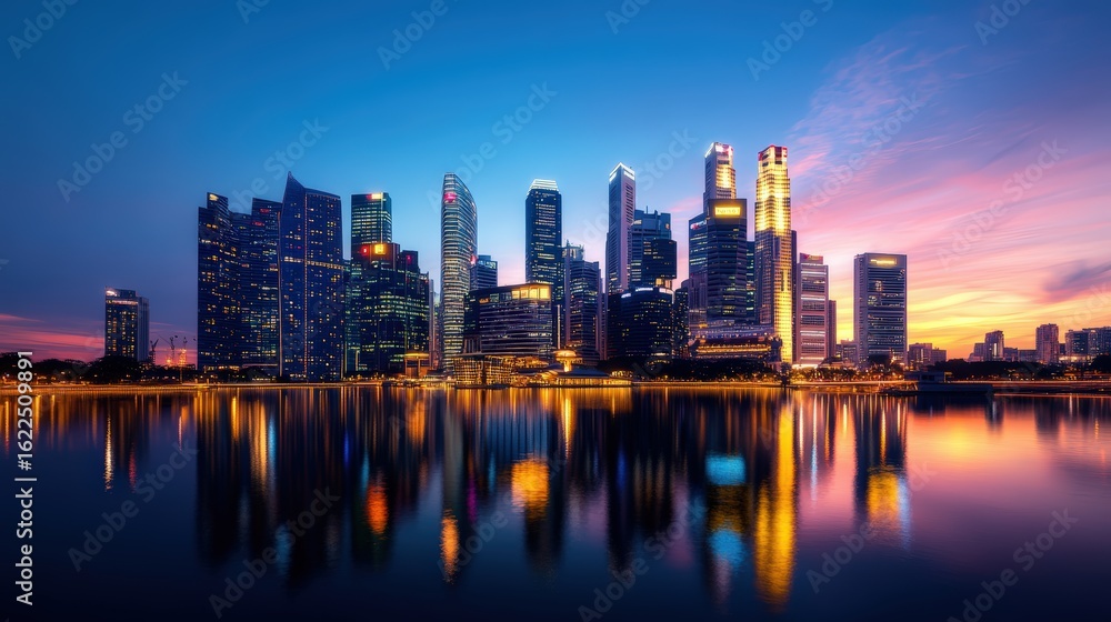 Fototapeta premium City skyline at dusk reflecting vibrant twilight colors with modern skyscrapers and illuminated buildings