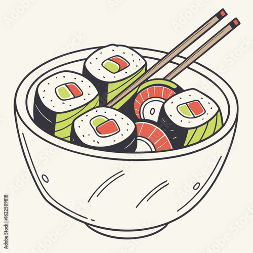 A bowl filled with sushi rolls and chopsticks resting on top ready to be eaten and enjoyed by someone